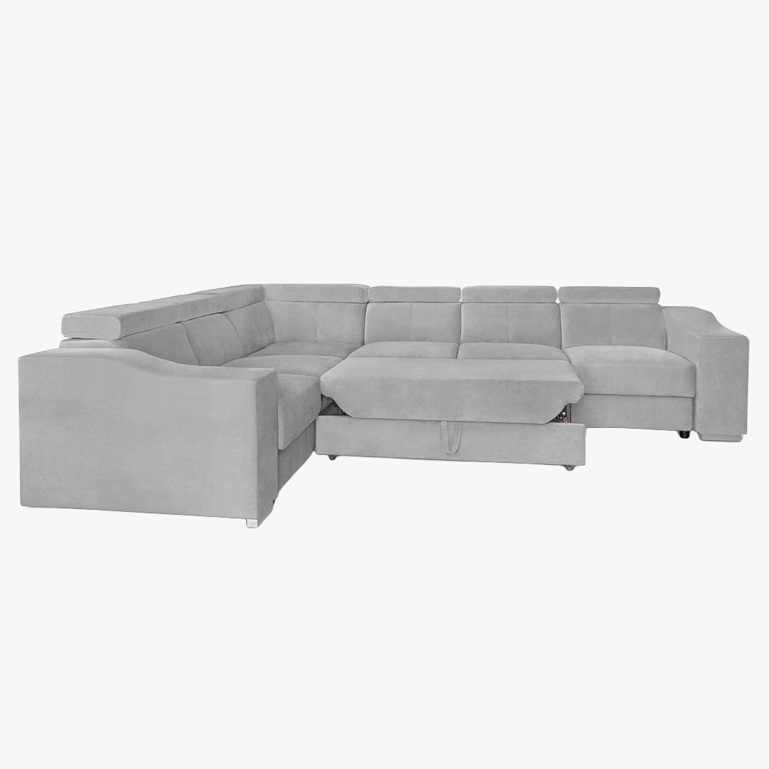 LUCKY Canapé d’angle convertible réversible en tissu velours gris clair - Canapé d'angle convertible - Mobilier Deco