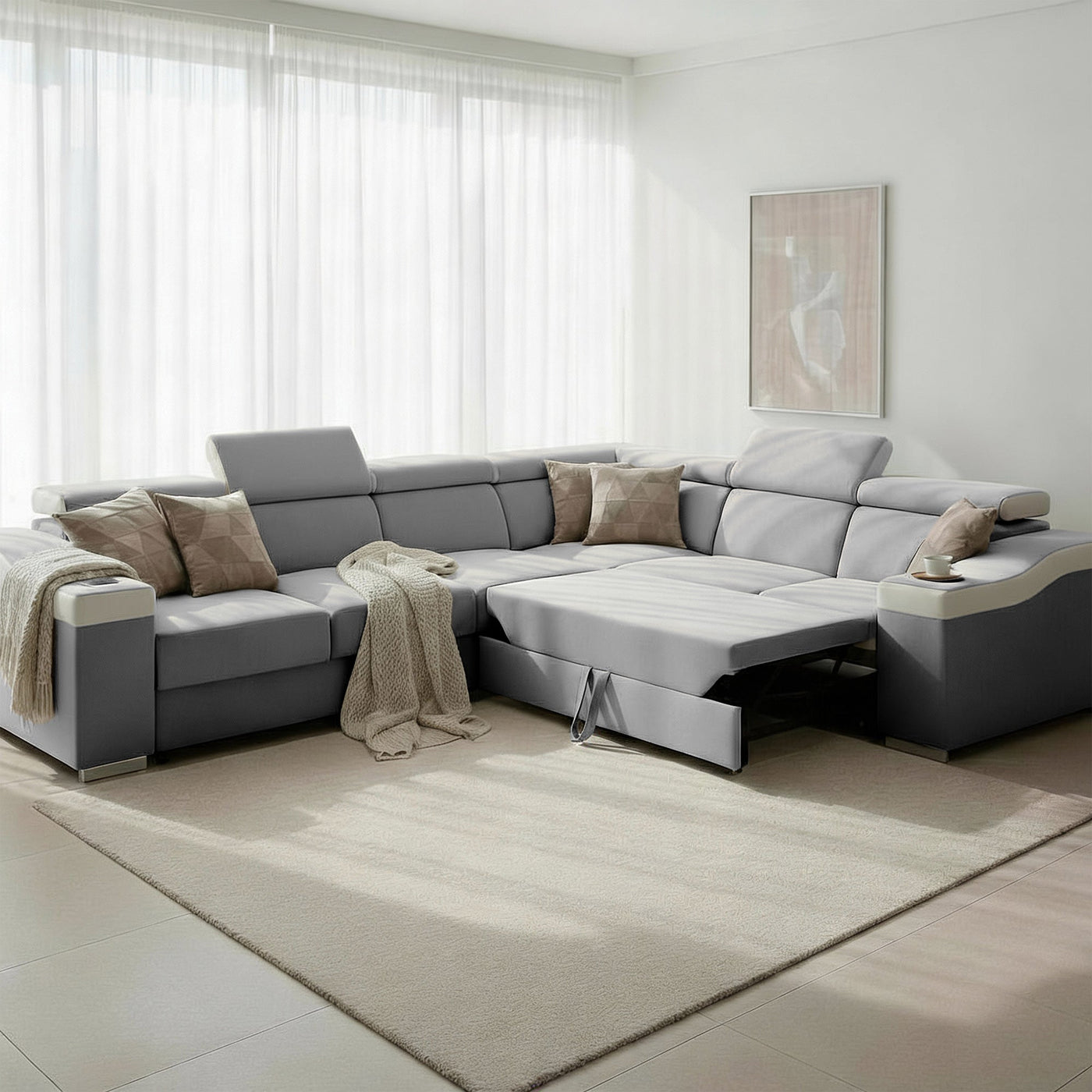 LUCKY Canapé d’angle convertible réversible en tissu velours gris clair et simili cuir blanc - Canapé d'angle convertible - Mobilier Deco