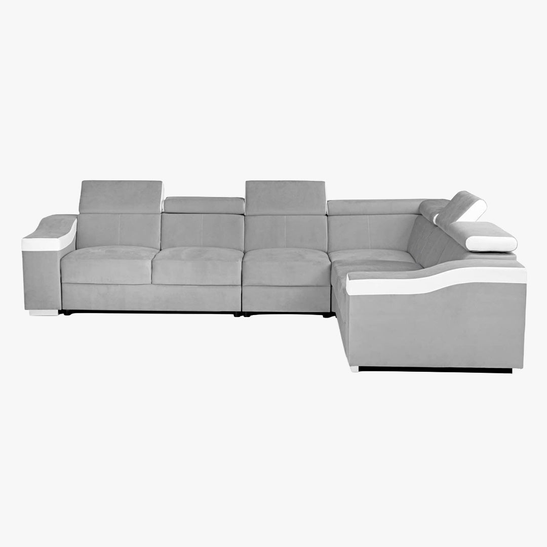 LUCKY Canapé d’angle convertible réversible en tissu velours gris clair et simili cuir blanc - Canapé d'angle convertible - Mobilier Deco