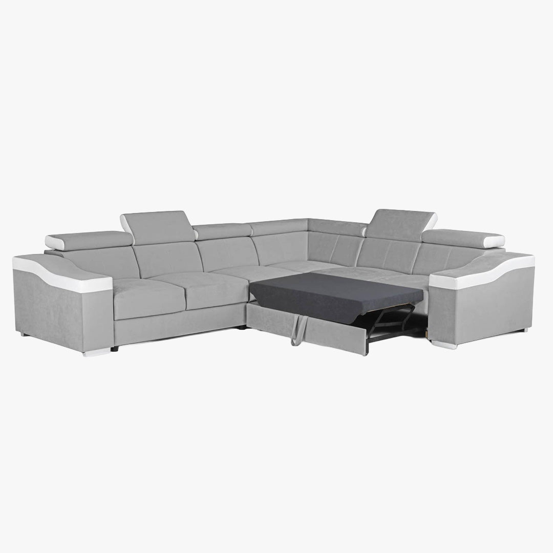 LUCKY Canapé d’angle convertible réversible en tissu velours gris clair et simili cuir blanc - Canapé d'angle convertible - Mobilier Deco