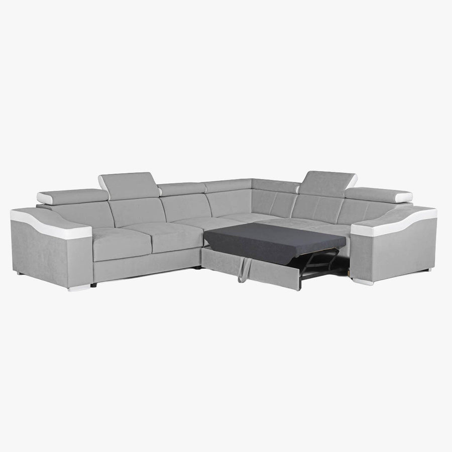 LUCKY Canapé d’angle convertible réversible en tissu velours gris clair et simili cuir blanc — aperçu vidéo