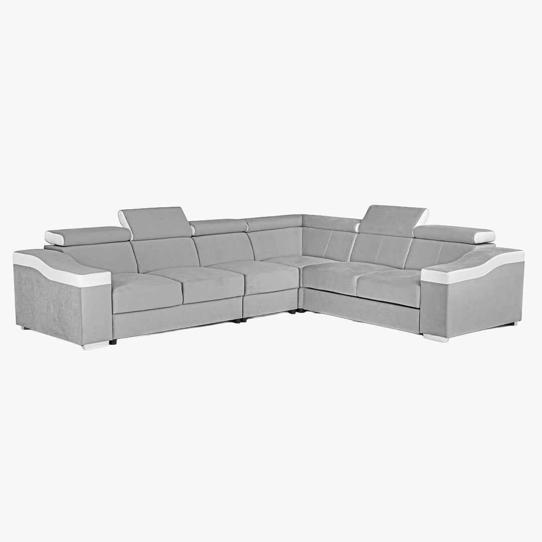 LUCKY Canapé d’angle convertible réversible en tissu velours gris clair et simili cuir blanc - Canapé d'angle convertible - Mobilier Deco