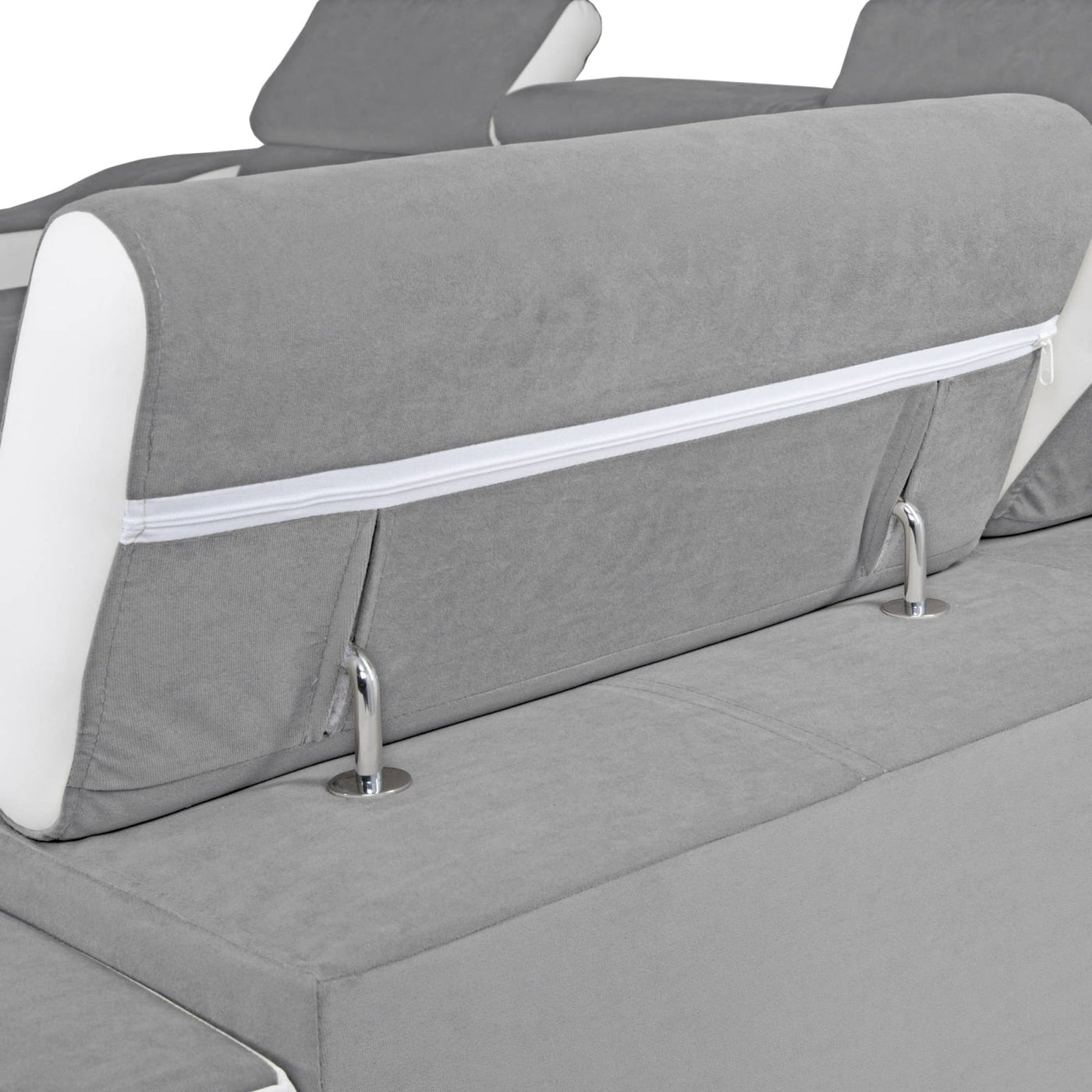 LUCKY Canapé d’angle convertible réversible en tissu velours gris clair et simili cuir blanc - Canapé d'angle convertible - Mobilier Deco