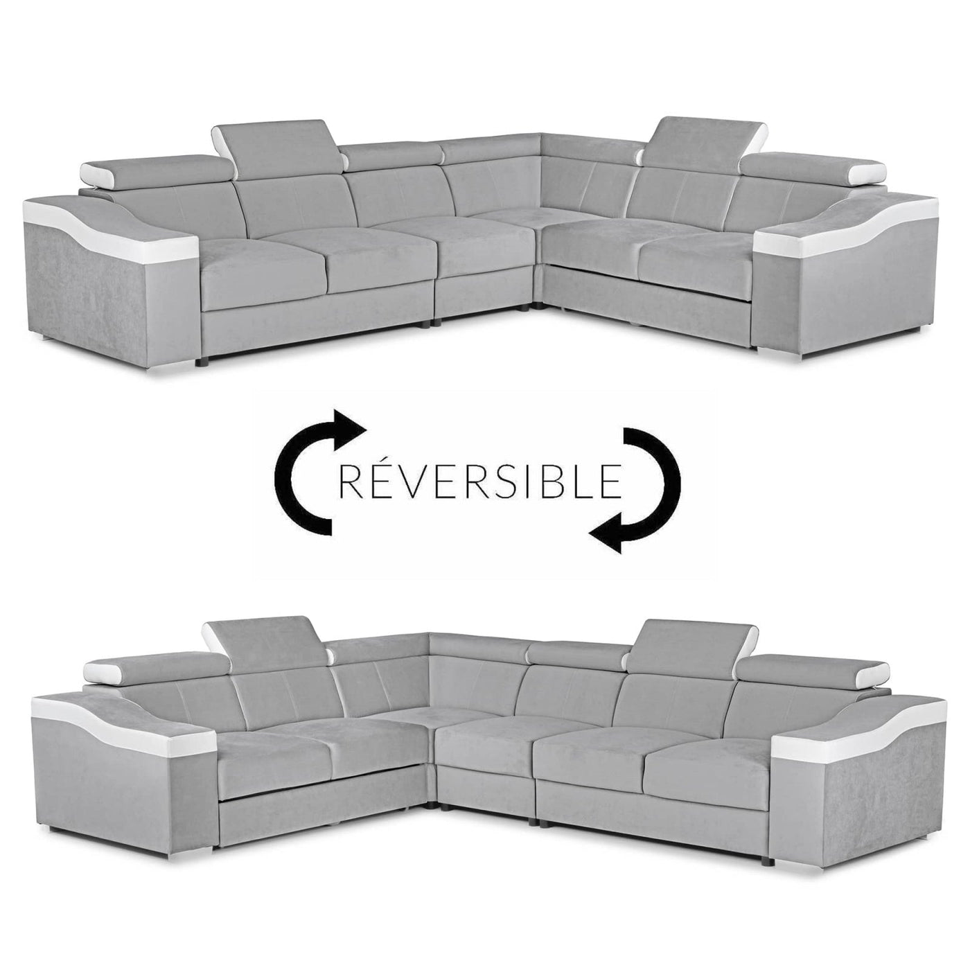 LUCKY Canapé d’angle convertible réversible en tissu velours gris clair et simili cuir blanc - Canapé d'angle convertible - Mobilier Deco