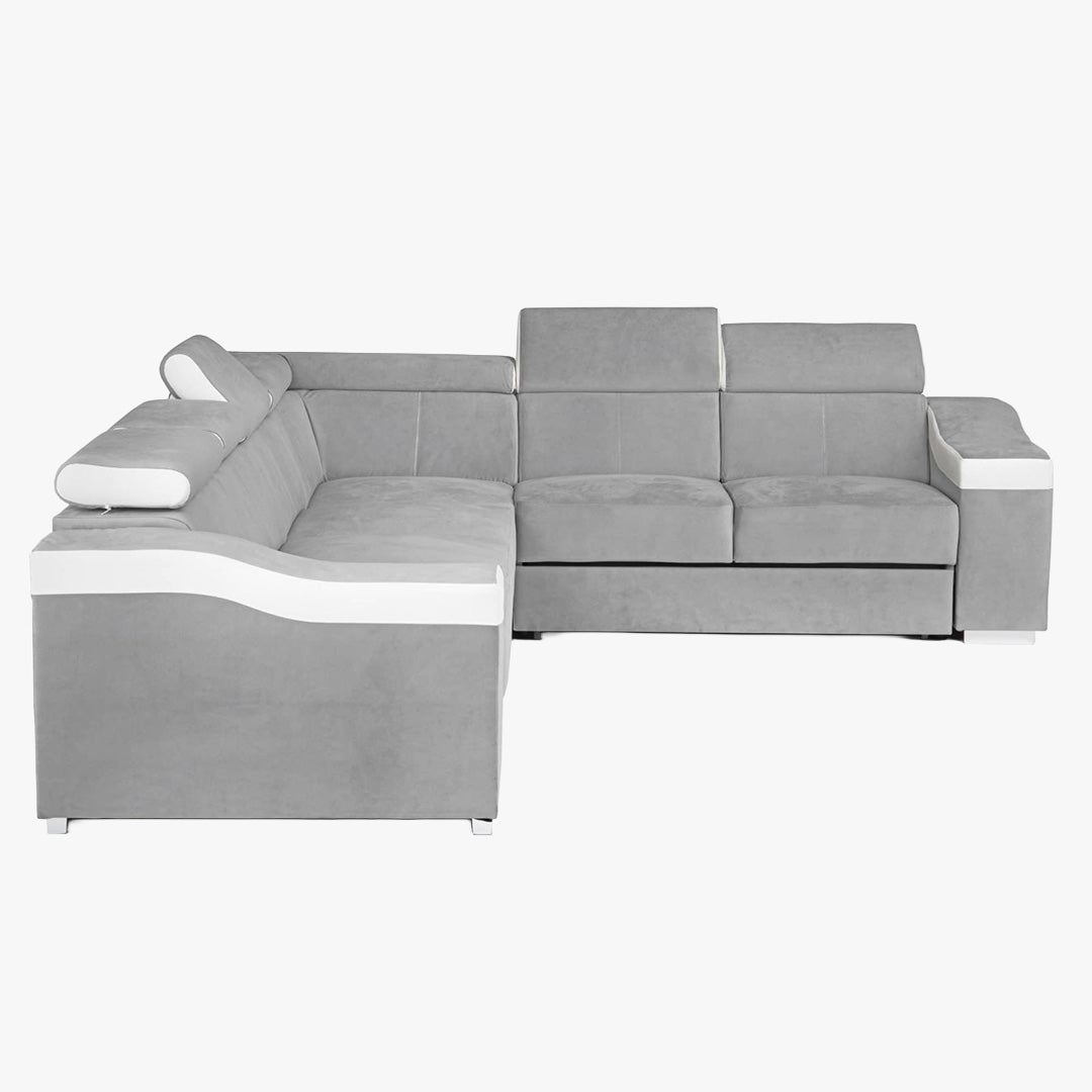 LUCKY Canapé d’angle convertible réversible en tissu velours gris clair et simili cuir blanc - Canapé d'angle convertible - Mobilier Deco