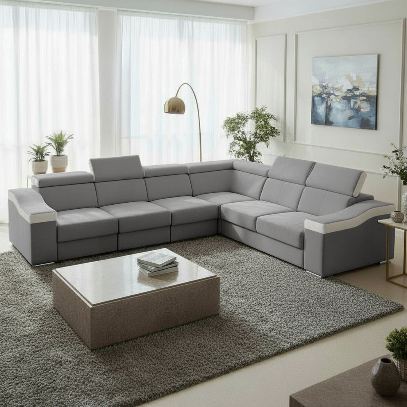 LUCKY Canapé d’angle convertible réversible en tissu velours gris clair et simili cuir blanc - Canapé d'angle convertible - Mobilier Deco