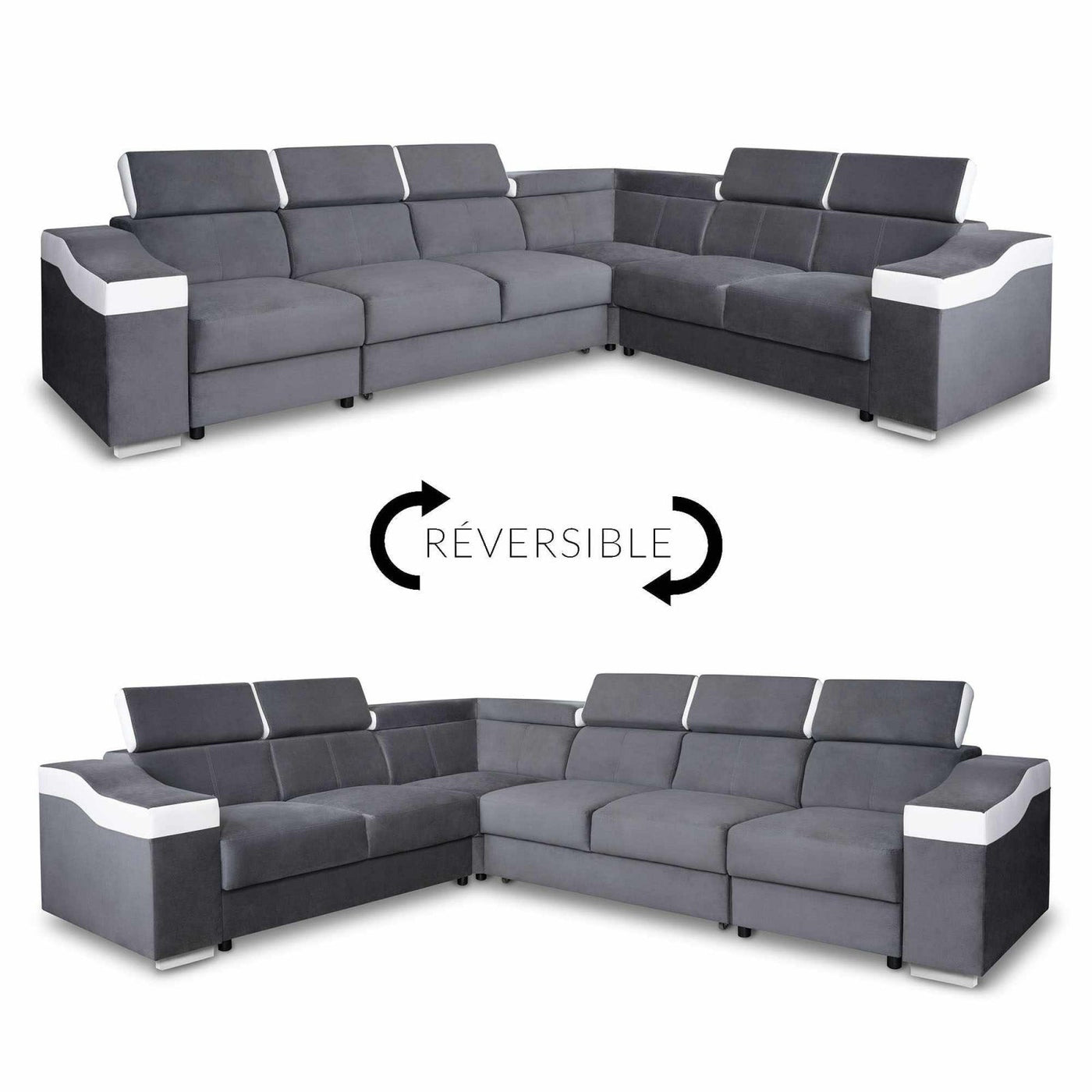LUCKY Canapé d’angle convertible réversible en tissu velours gris et simili cuir blanc - Canapé d'angle convertible - Mobilier Deco
