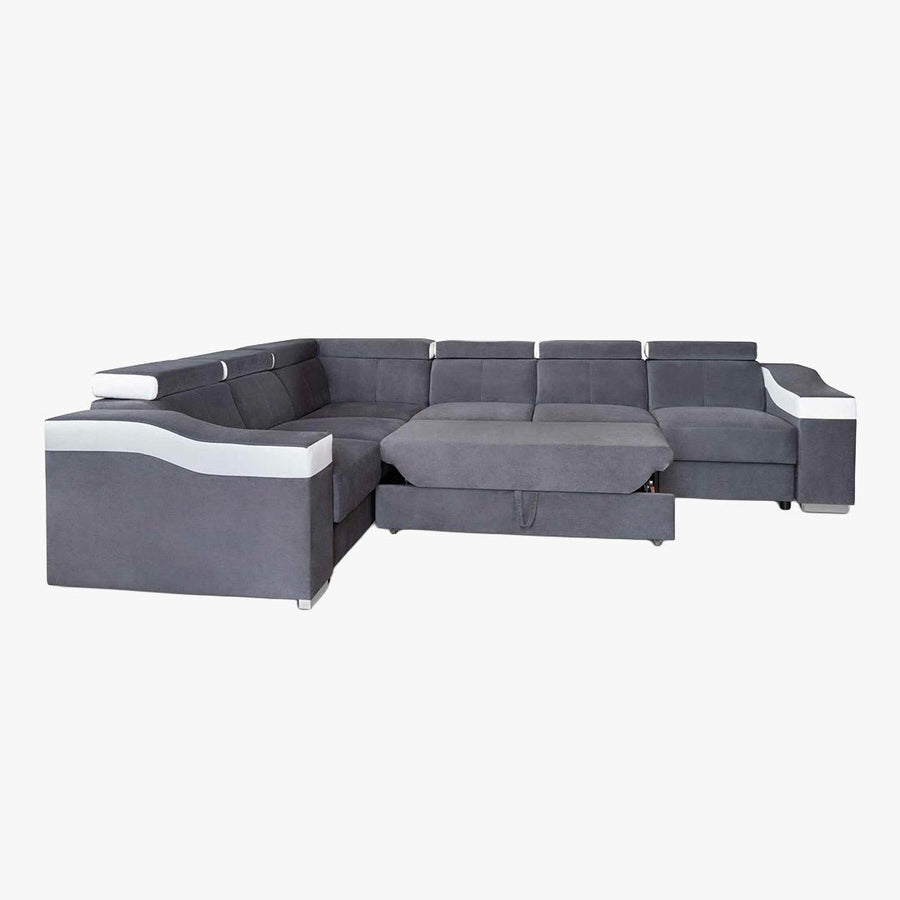 LUCKY Canapé d’angle convertible réversible en tissu velours gris et simili cuir blanc — aperçu vidéo
