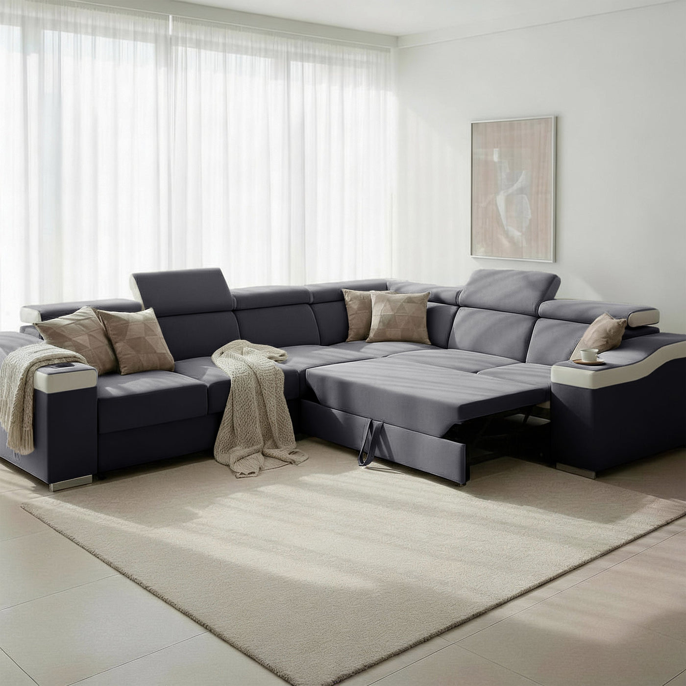 LUCKY Canapé d’angle convertible réversible en tissu velours gris et simili cuir blanc - Canapé d'angle convertible - Mobilier Deco