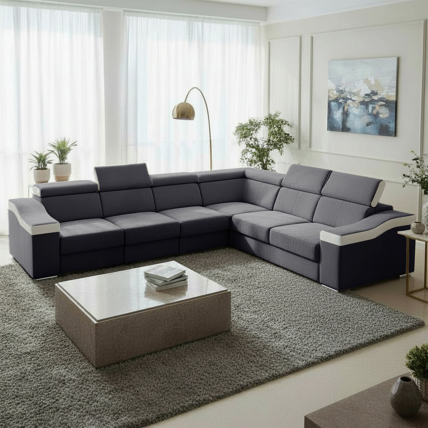 LUCKY Canapé d’angle convertible réversible en tissu velours gris et simili cuir blanc - Canapé d'angle convertible - Mobilier Deco