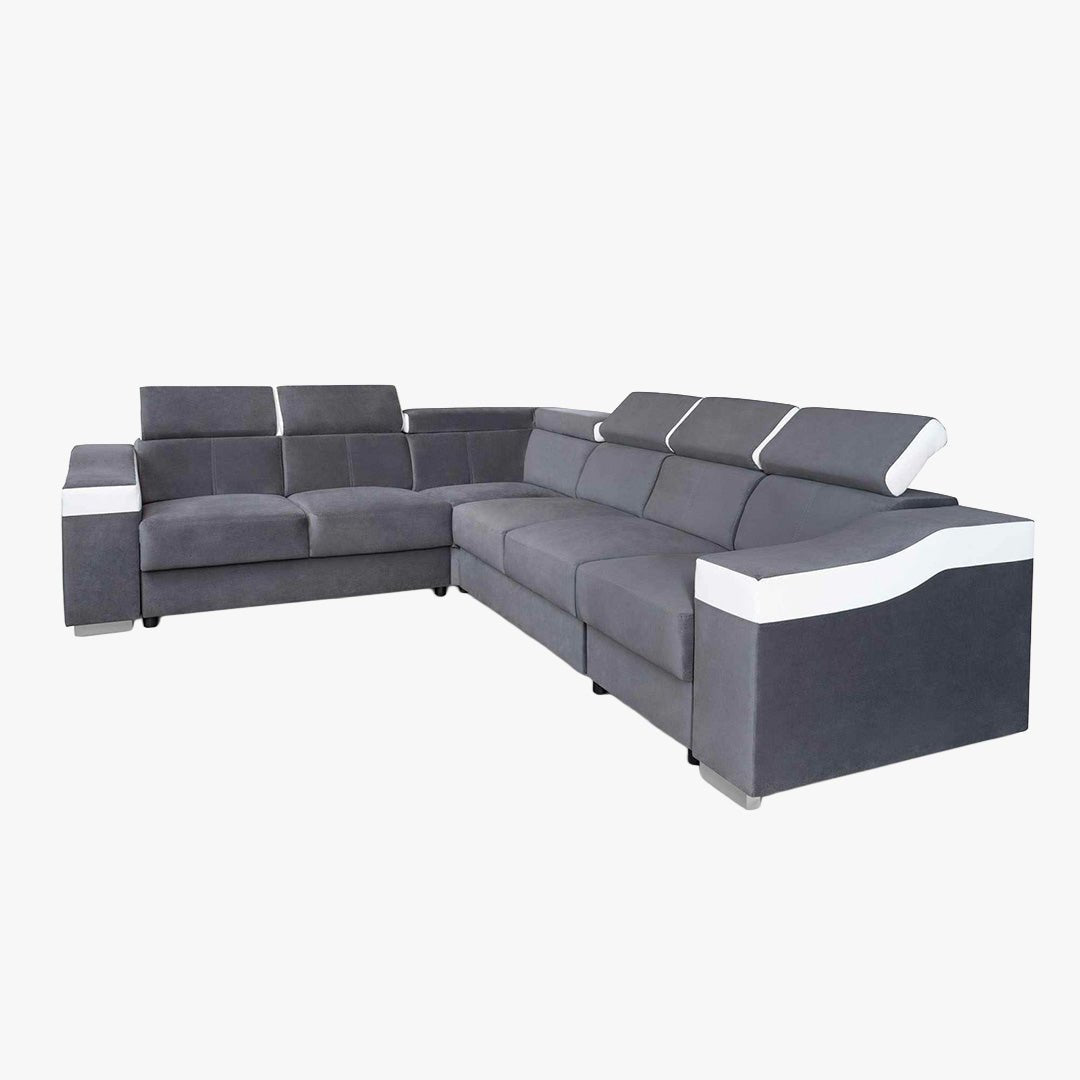LUCKY Canapé d’angle convertible réversible en tissu velours gris et simili cuir blanc - Canapé d'angle convertible - Mobilier Deco
