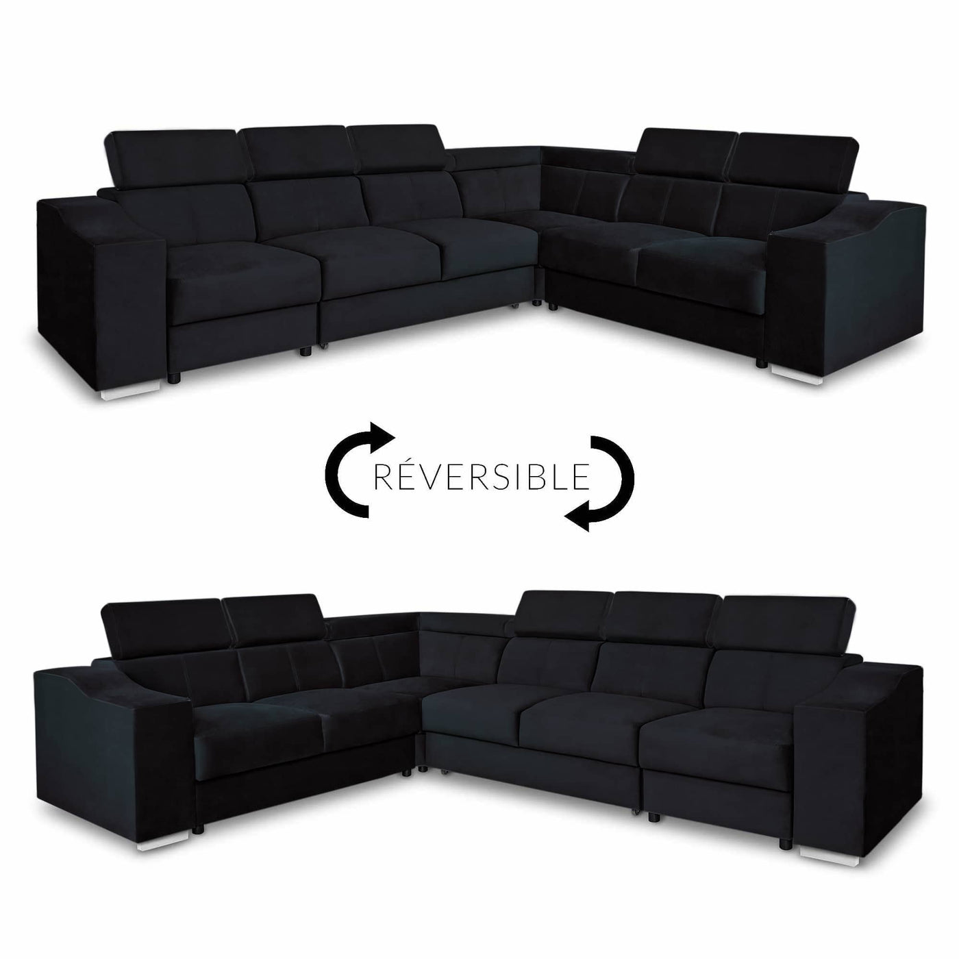 LUCKY Canapé d’angle convertible réversible en tissu velours noir - Canapé d'angle convertible - Mobilier Deco