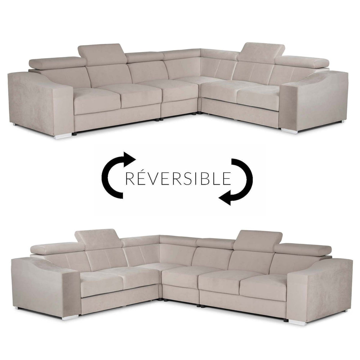 LUCKY Canapé d’angle convertible réversible en velours beige - Canapé d'angle convertible - Mobilier Deco
