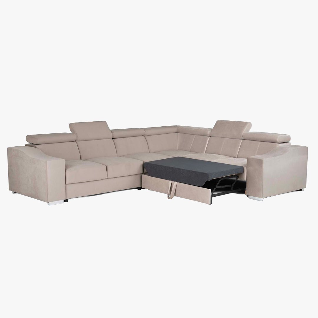 LUCKY Canapé d’angle convertible réversible en velours beige - Canapé d'angle convertible - Mobilier Deco