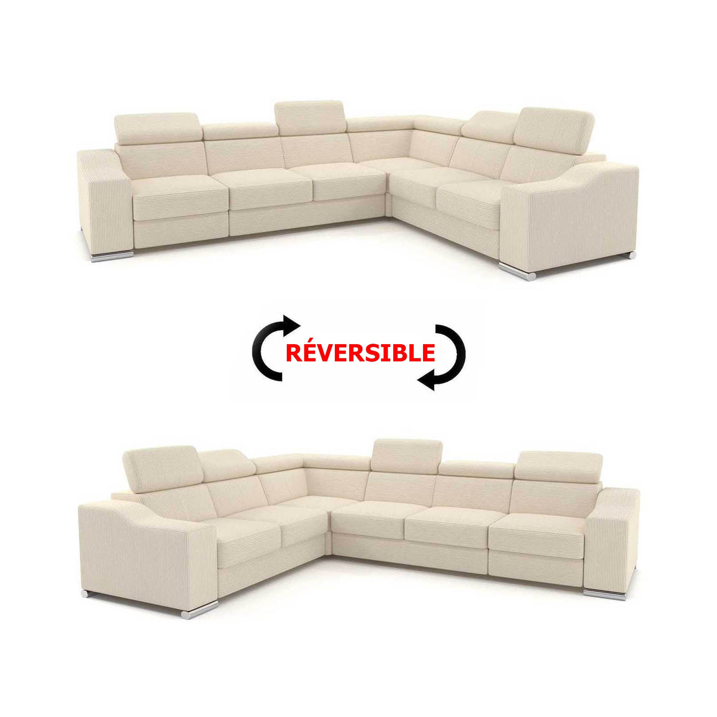 LUCKY COTELÉ Canapé d’angle convertible réversible en velours côtelé beige - Canapé d'angle convertible - Mobilier Deco