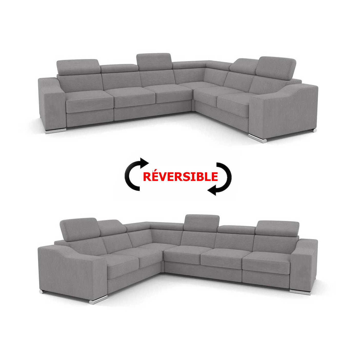 LUCKY COTELÉ Canapé d’angle convertible réversible en velours côtelé gris - Canapé d'angle convertible - Mobilier Deco