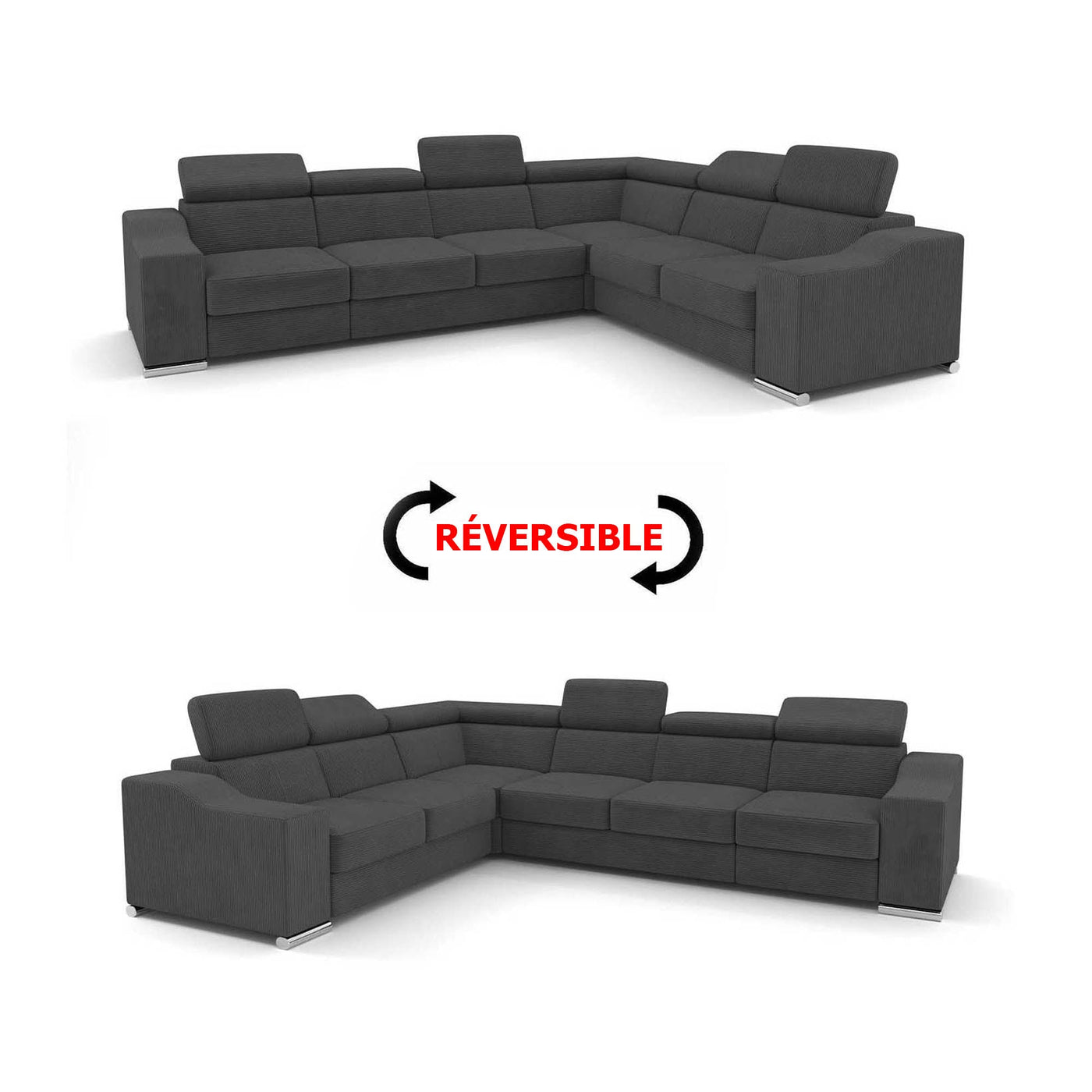 LUCKY COTELÉ Canapé d’angle convertible réversible en velours côtelé gris foncé - Canapé d'angle convertible - Mobilier Deco