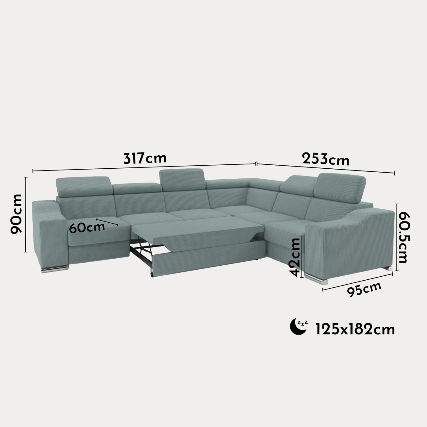 LUCKY COTELÉ Canapé d’angle convertible réversible en velours côtelé vert d'eau - Canapé d'angle convertible - Mobilier Deco