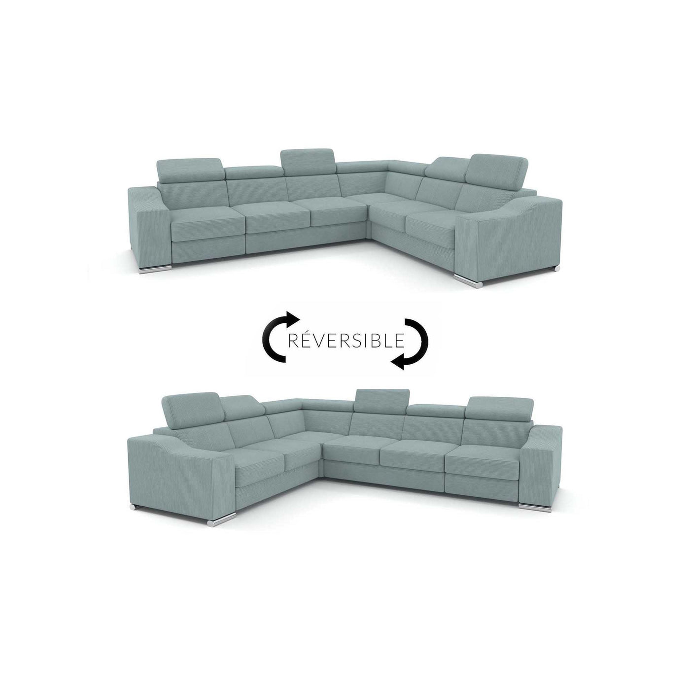 LUCKY COTELÉ Canapé d’angle convertible réversible en velours côtelé vert d'eau - Canapé d'angle convertible - Mobilier Deco