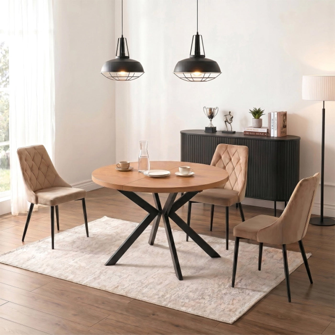 LUKAS Table à manger ronde extensible couleur bois clair pieds métal noir 100-250 cm - Table à manger - Mobilier Deco