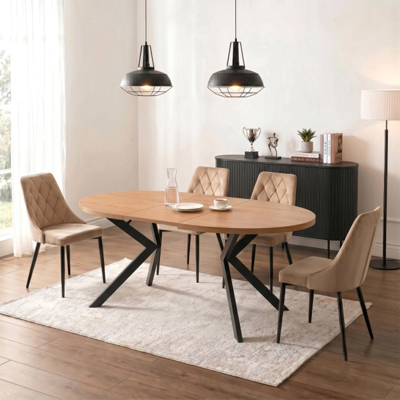 LUKAS Table à manger ronde extensible couleur bois clair pieds métal noir 100-250 cm - Table à manger - Mobilier Deco