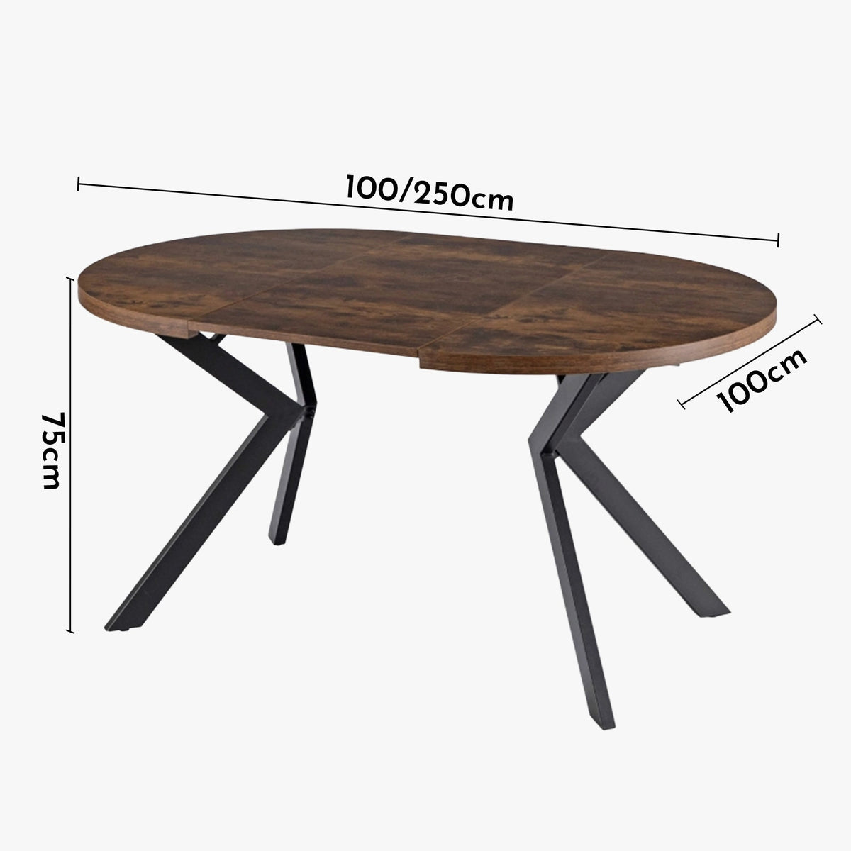 LUKAS Table à manger ronde extensible couleur bois foncé pieds métal noir 100-250 cm - Table à manger - Mobilier Deco