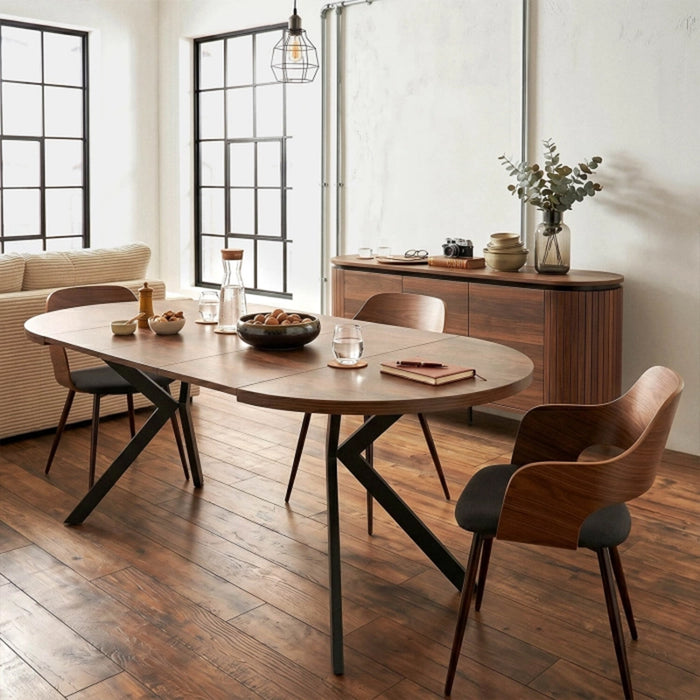 LUKAS Table à manger ronde extensible couleur bois foncé pieds métal noir 100-250 cm