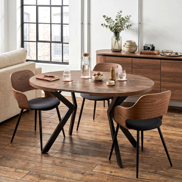 LUKAS Table à manger ronde extensible couleur bois foncé pieds métal noir 100-250 cm