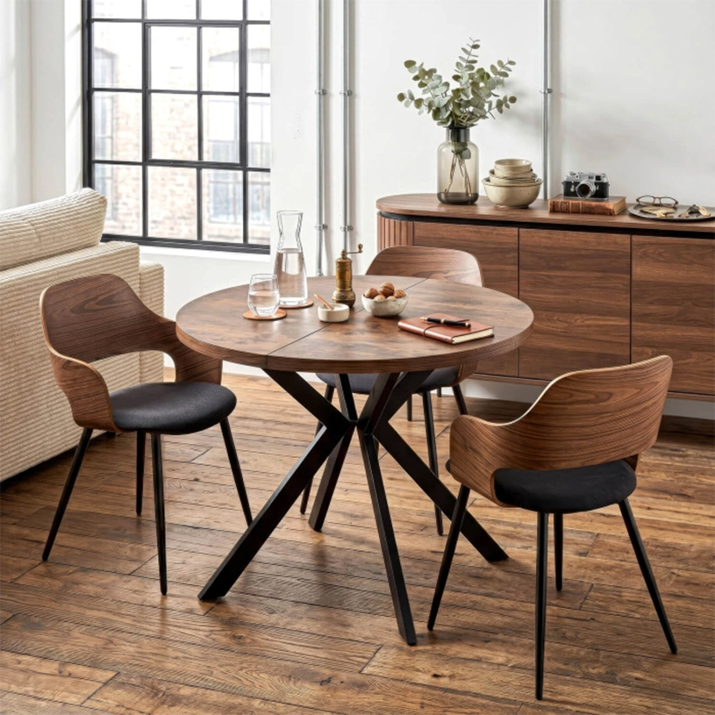 LUKAS Table à manger ronde extensible couleur bois foncé pieds métal noir 100-250 cm - Table à manger - Mobilier Deco