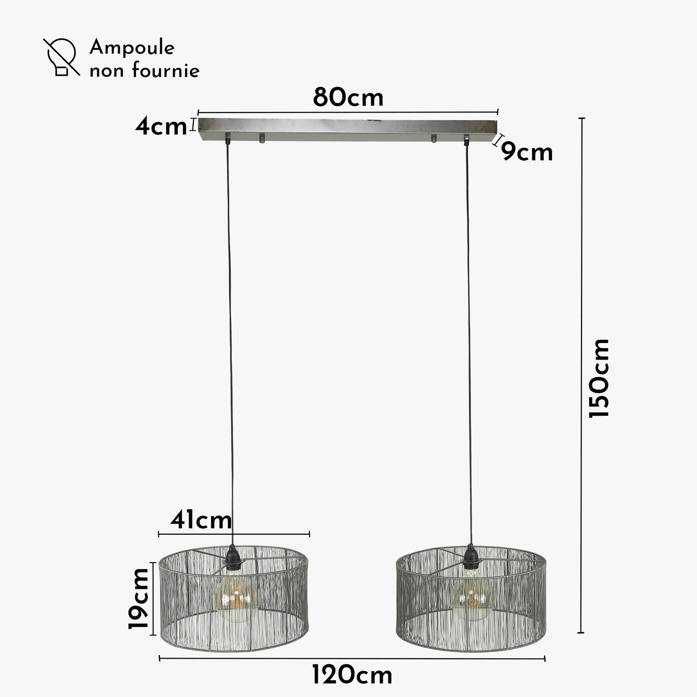 LUMIRA Suspension 2 lampes en métal argenté 120x150 cm - Luminaires - Mobilier Deco