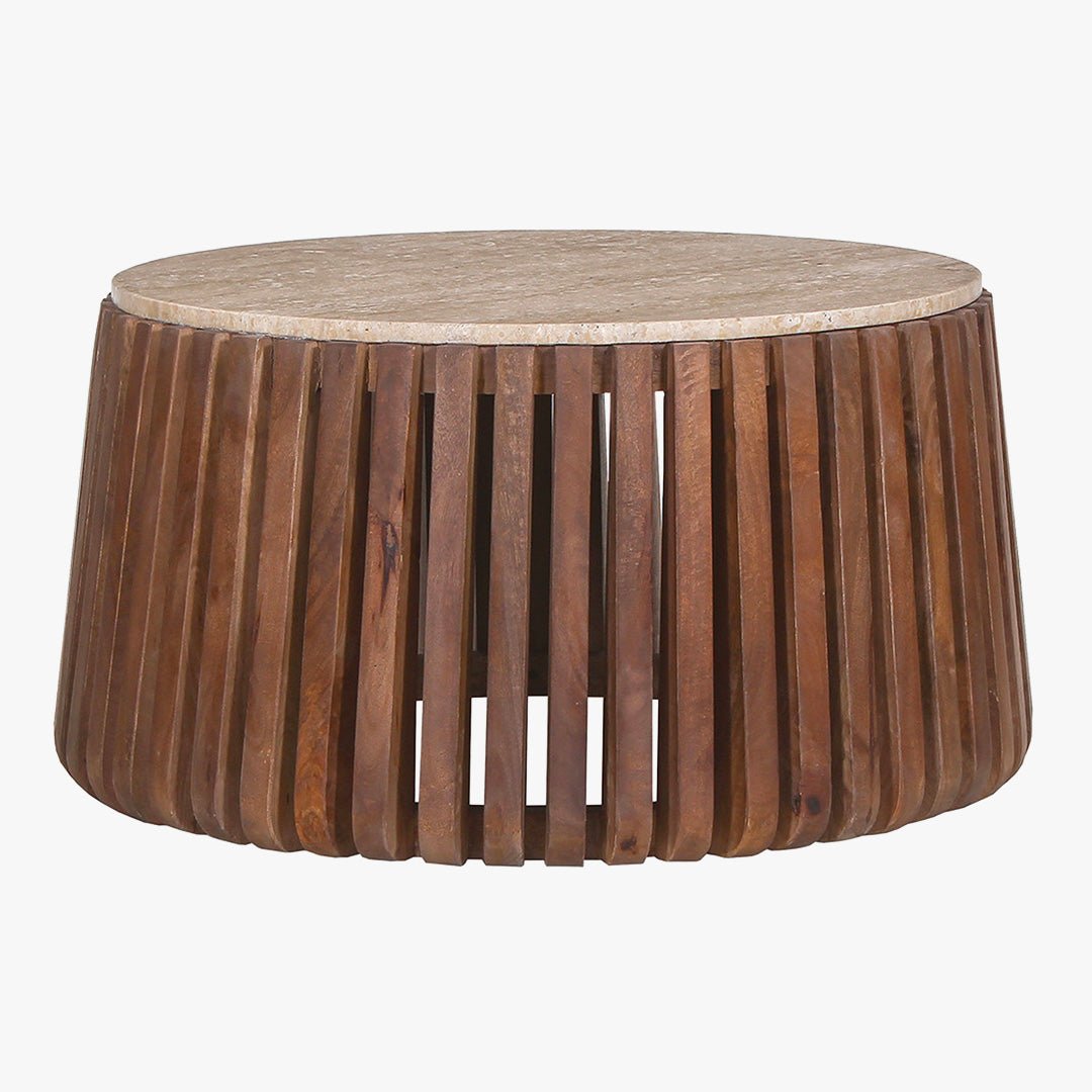 LUUK Table basse en travertin et bois de manguier 70 cm - Table basse - Mobilier Deco