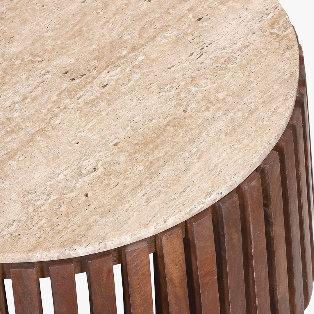LUUK Table basse en travertin et bois de manguier 70 cm - Table basse - Mobilier Deco