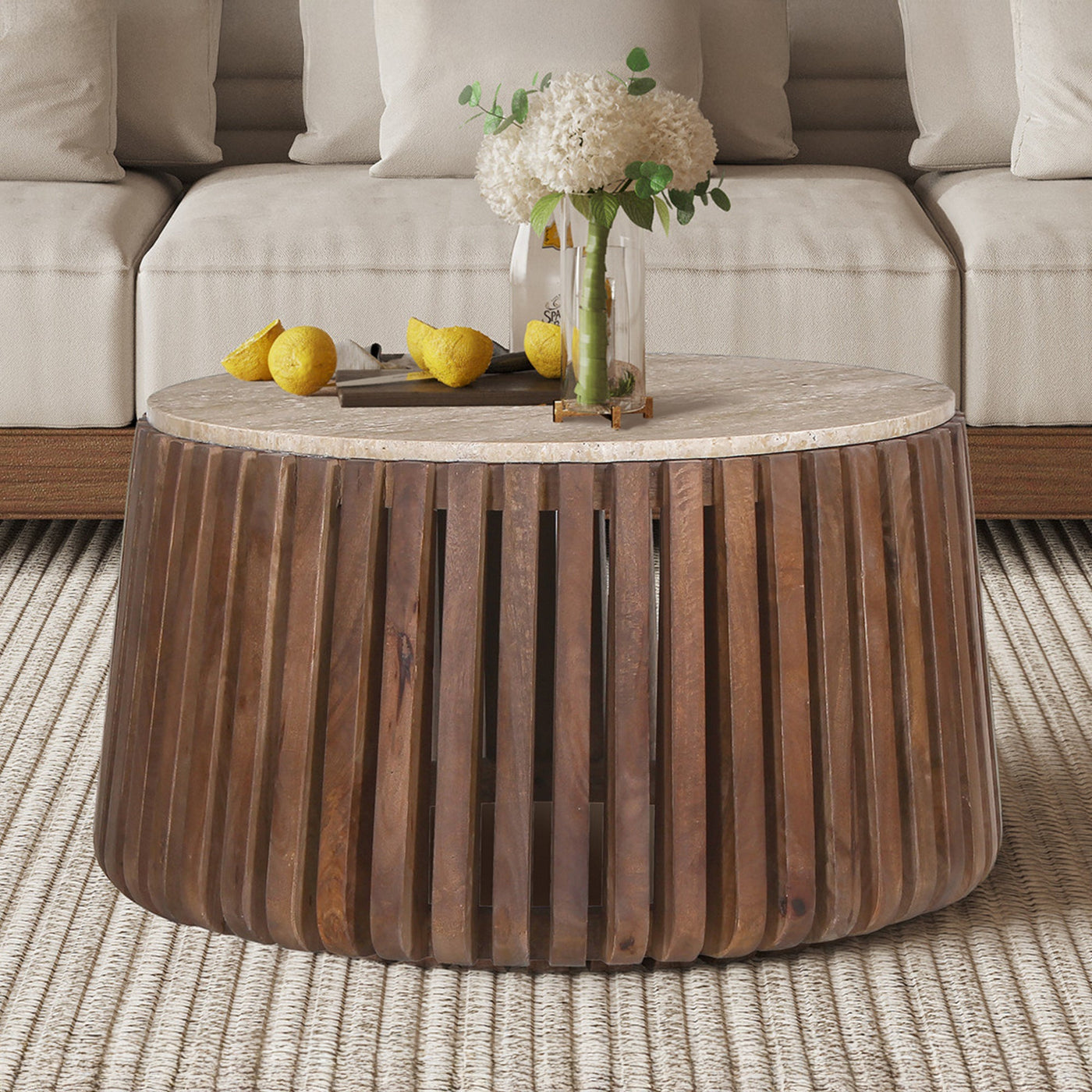 LUUK Table basse en travertin et bois de manguier 70 cm - Table basse - Mobilier Deco