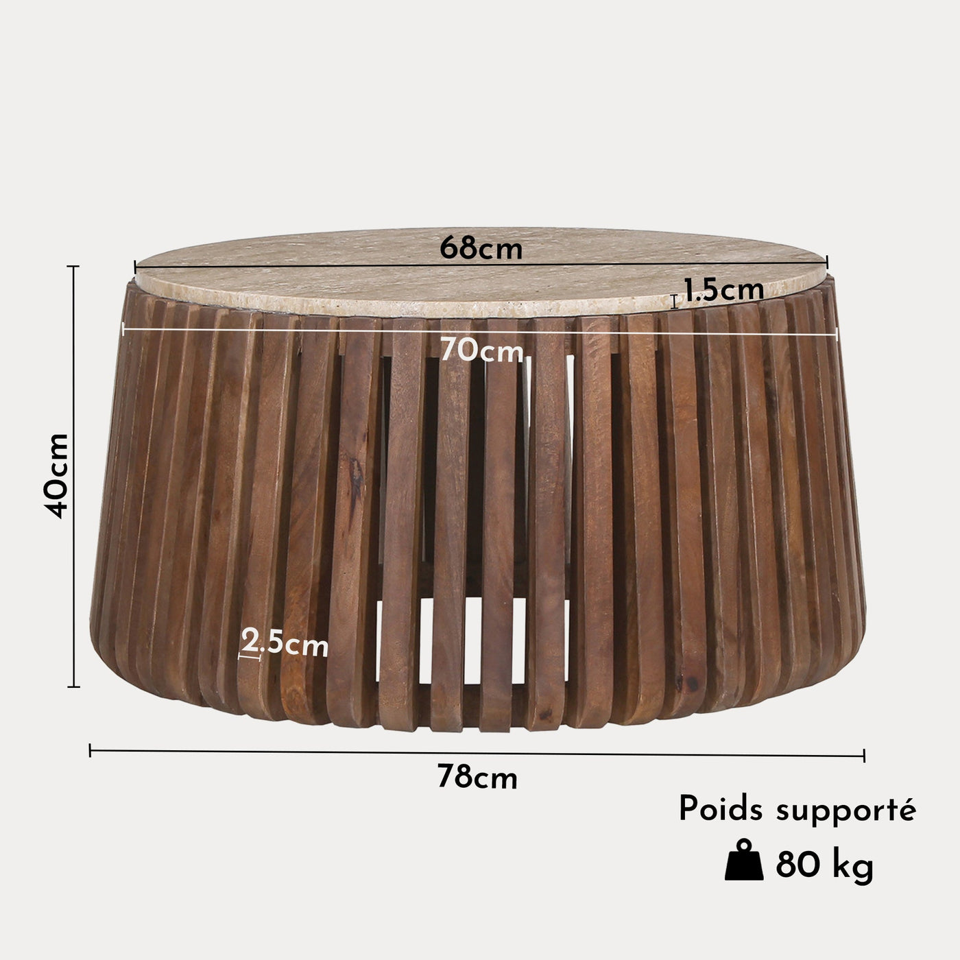 LUUK Table basse en travertin et bois de manguier 70 cm - Table basse - Mobilier Deco