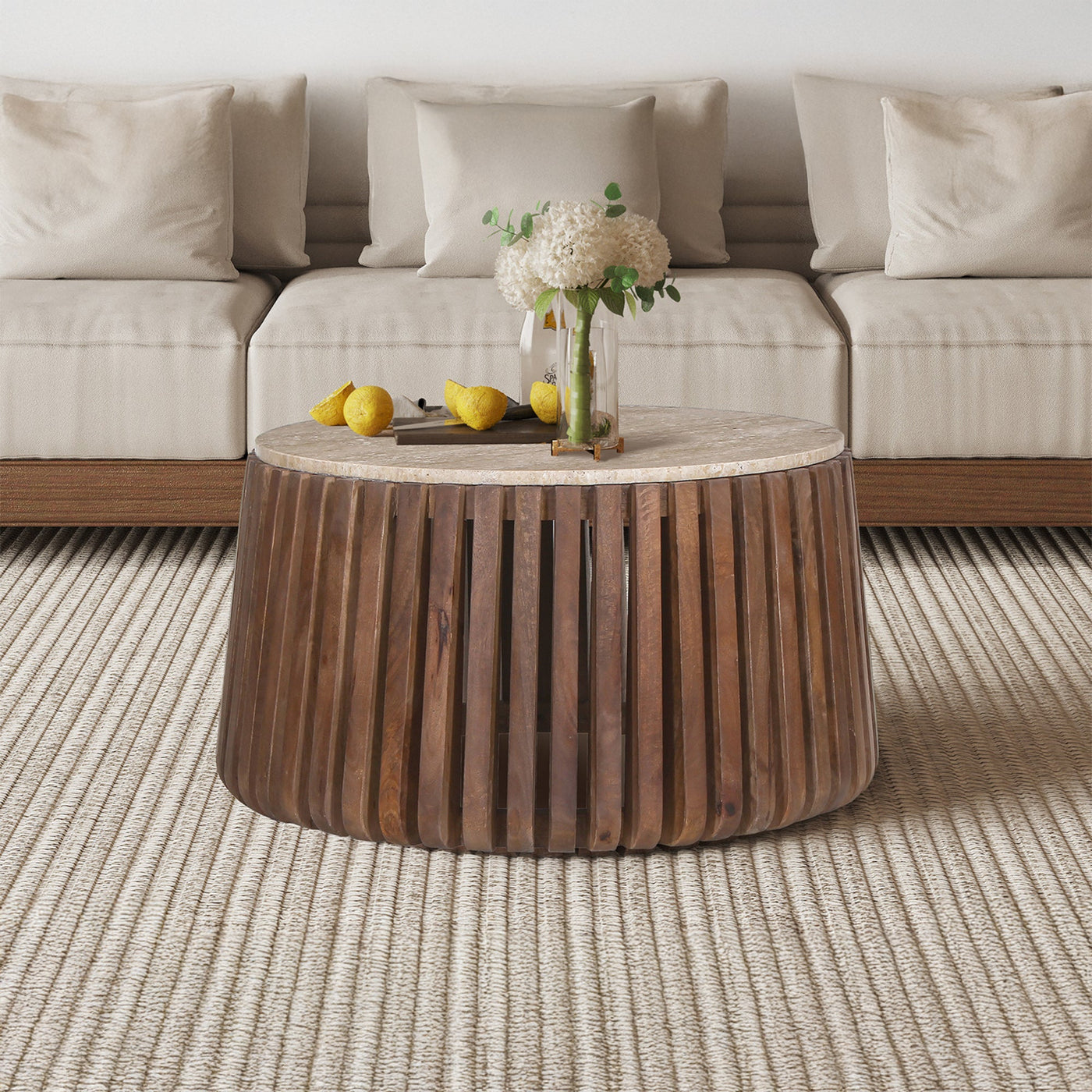 LUUK Table basse en travertin et bois de manguier 70 cm - Table basse - Mobilier Deco