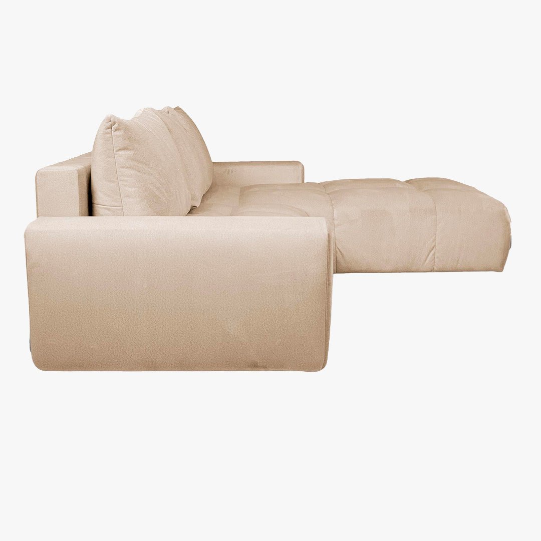 LYGIE Canapé d'angle convertible avec coffre en velours beige - Angle droit - Canapé d'angle convertible - Mobilier Deco