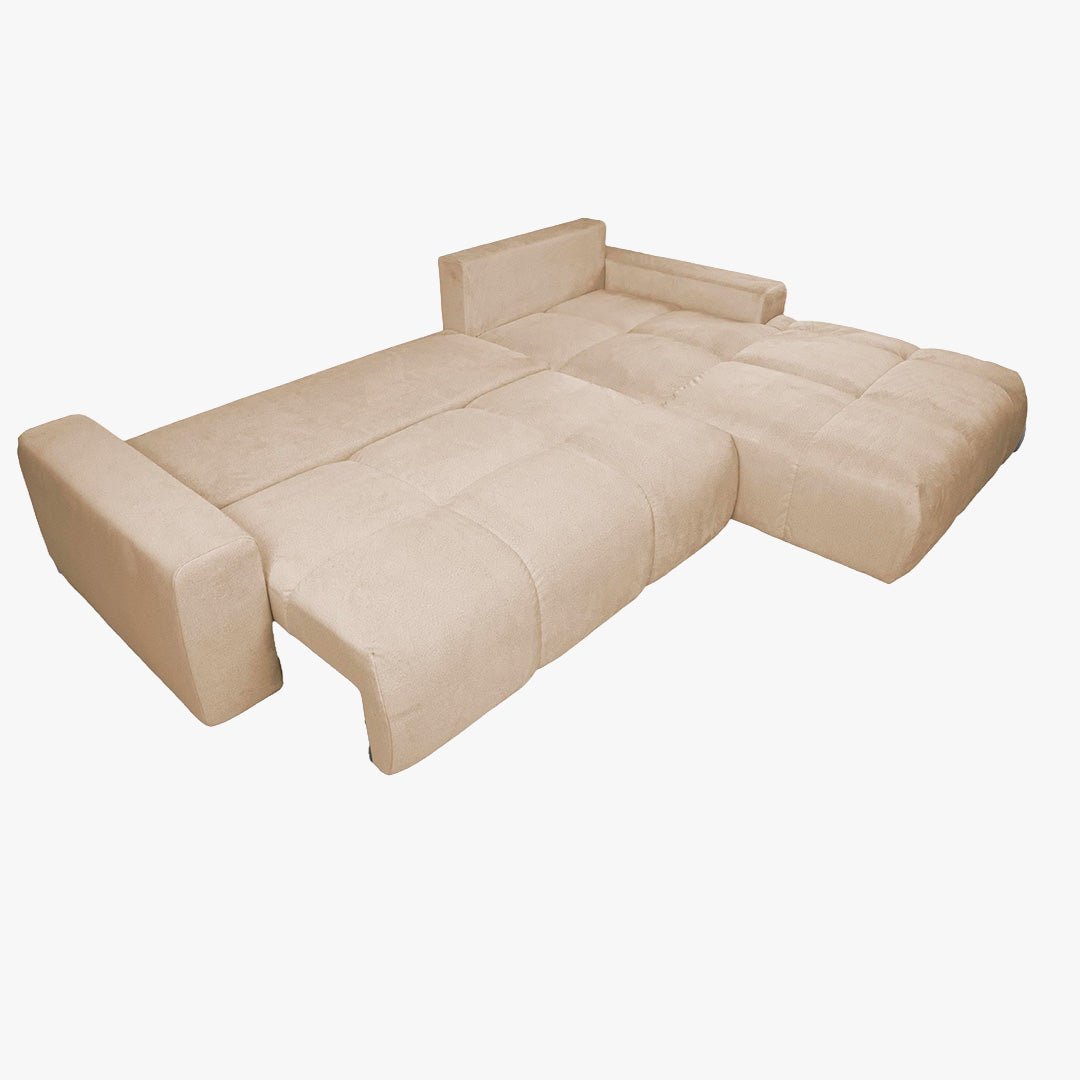 LYGIE Canapé d'angle convertible avec coffre en velours beige - Angle droit - Canapé d'angle convertible - Mobilier Deco
