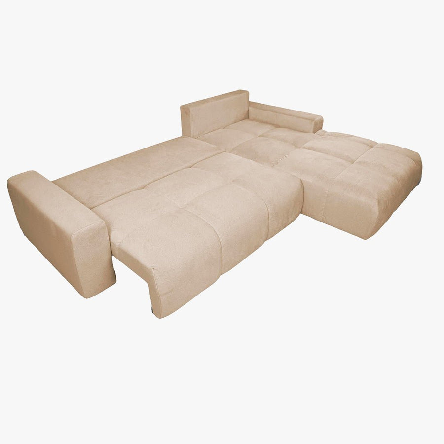 LYGIE Canapé d'angle convertible avec coffre en velours beige - Angle droit — aperçu vidéo