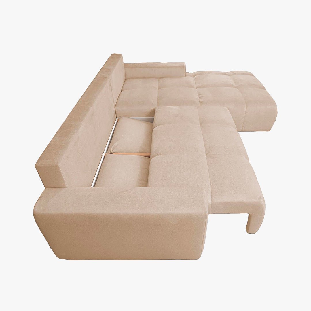 LYGIE Canapé d'angle convertible avec coffre en velours beige - Angle droit - Canapé d'angle convertible - Mobilier Deco