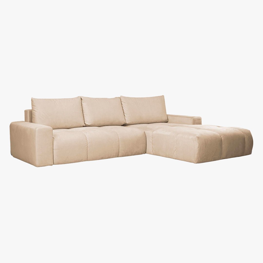 LYGIE Canapé d'angle convertible avec coffre en velours beige - Angle droit - Canapé d'angle convertible - Mobilier Deco