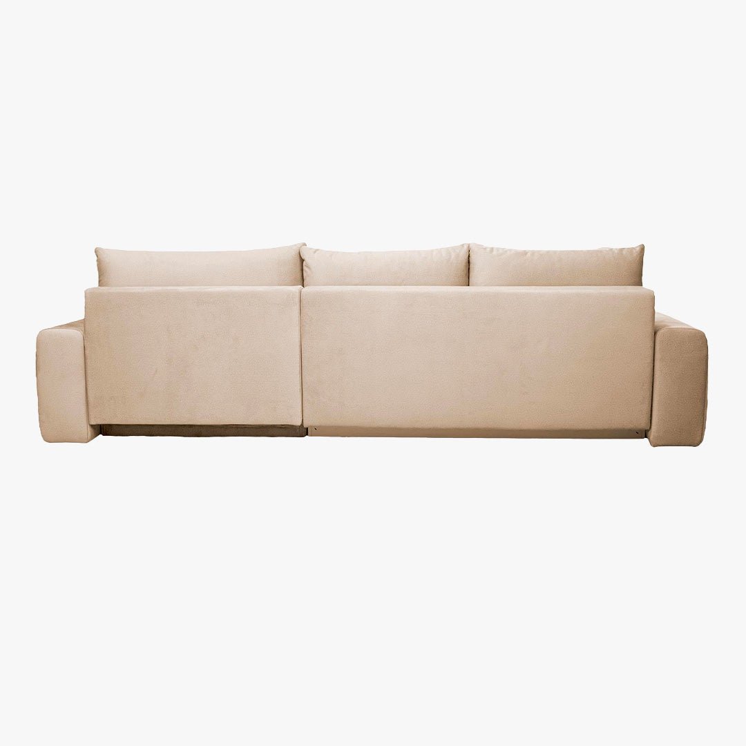 LYGIE Canapé d'angle convertible avec coffre en velours beige - Angle droit - Canapé d'angle convertible - Mobilier Deco