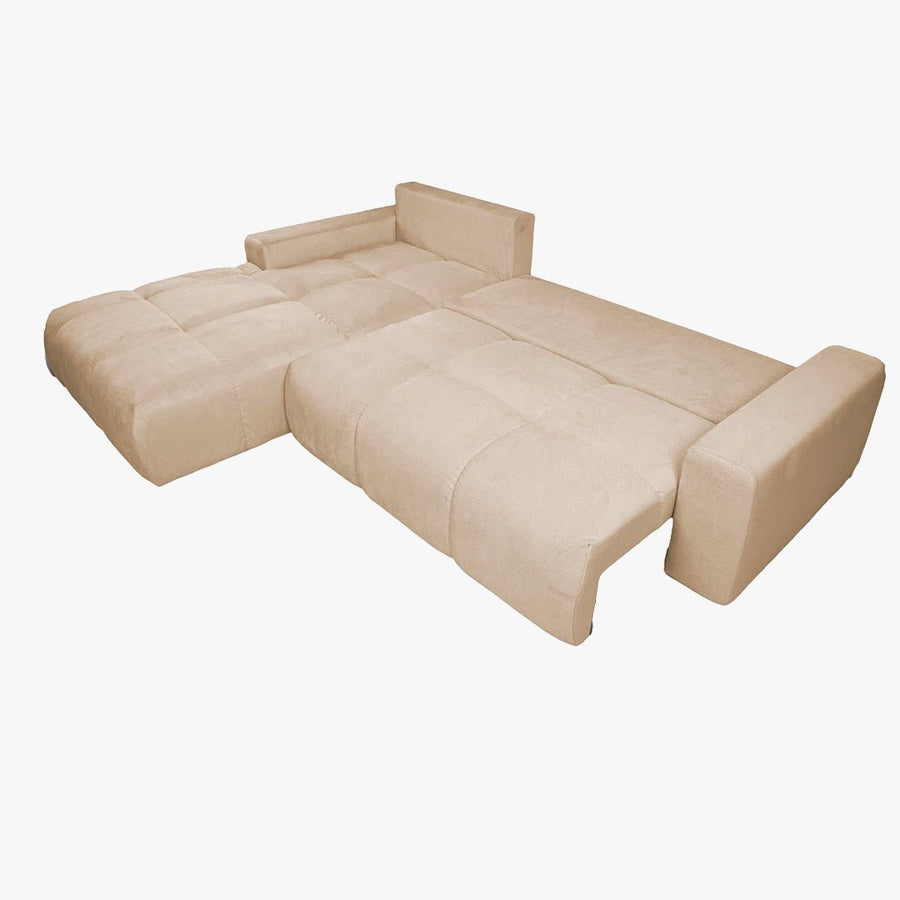 LYGIE Canapé d'angle convertible avec coffre en velours beige - Angle gauche — aperçu vidéo