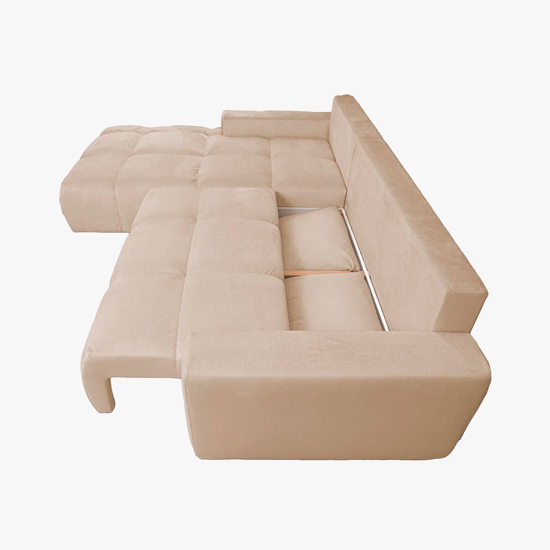 LYGIE Canapé d'angle convertible avec coffre en velours beige - Angle gauche - Canapé d'angle convertible - Mobilier Deco