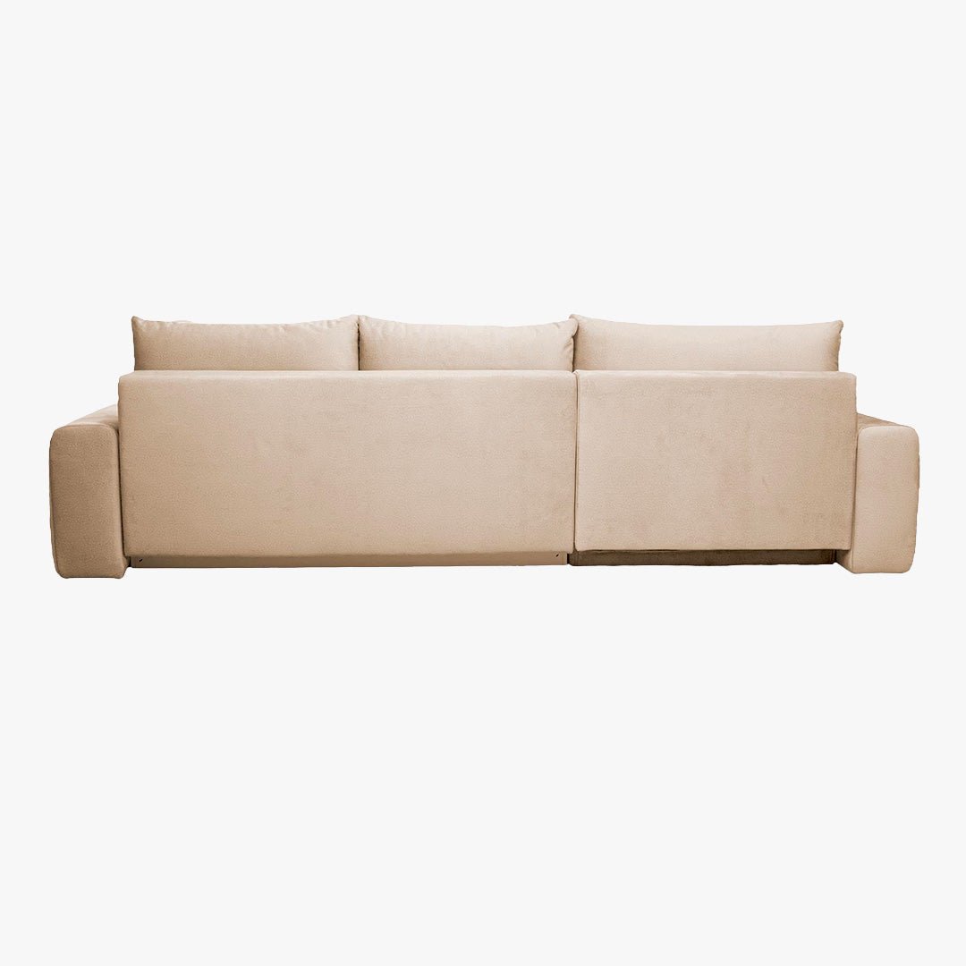 LYGIE Canapé d'angle convertible avec coffre en velours beige - Angle gauche - Canapé d'angle convertible - Mobilier Deco