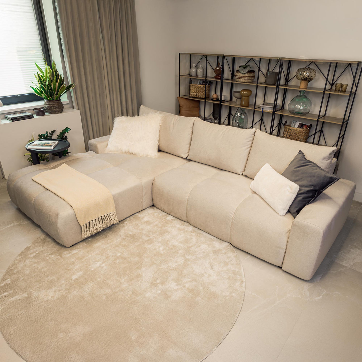 LYGIE Canapé d'angle convertible avec coffre en velours beige - Angle gauche - Canapé d'angle convertible - Mobilier Deco