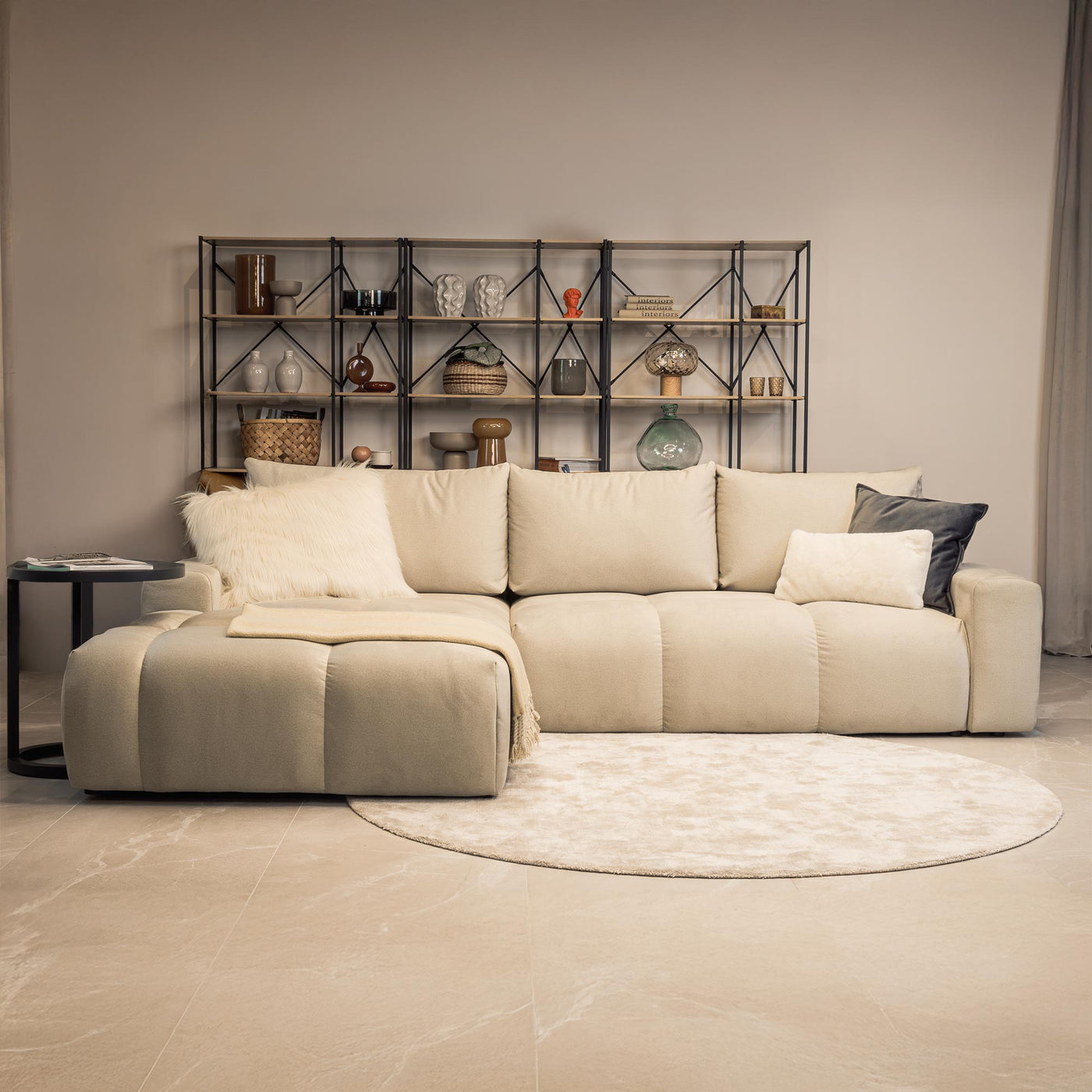 LYGIE Canapé d'angle convertible avec coffre en velours beige - Angle gauche - Canapé d'angle convertible - Mobilier Deco