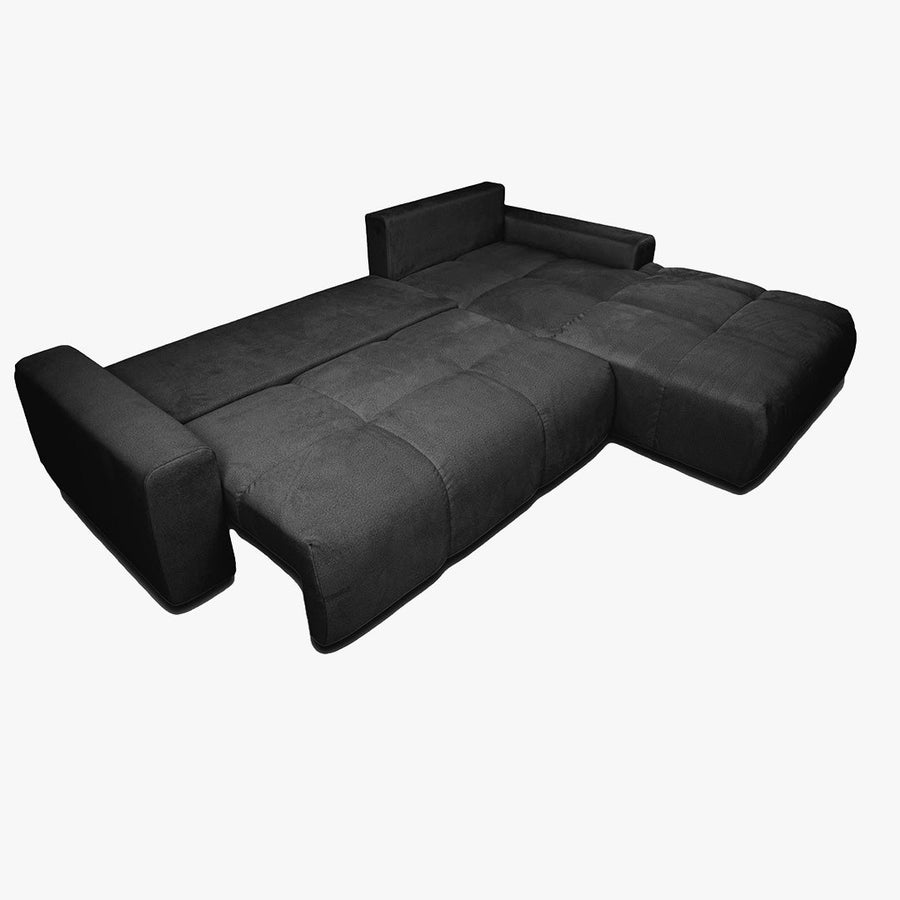 LYGIE Canapé d'angle convertible avec coffre en velours gris foncé - Angle droit — aperçu vidéo