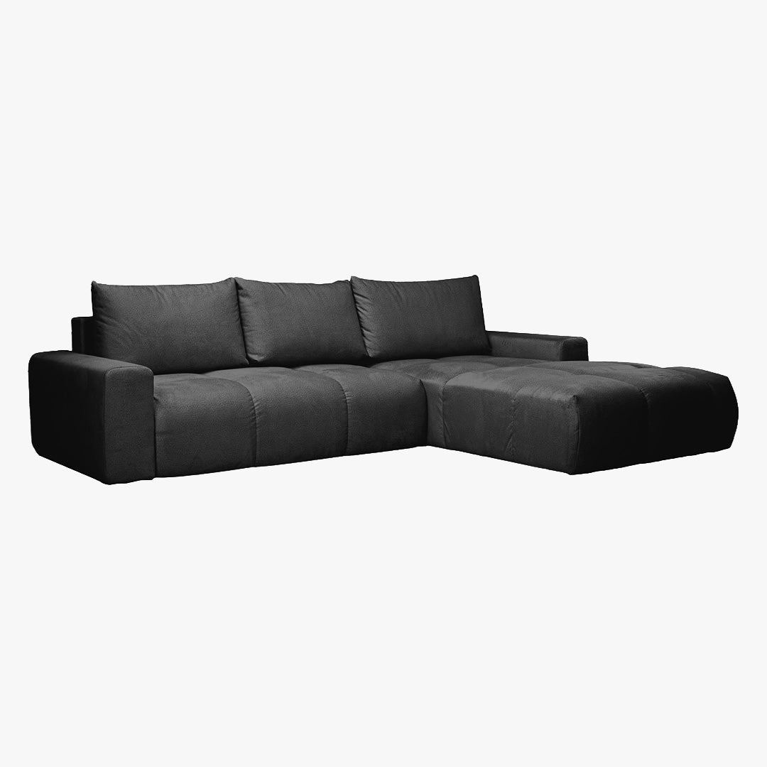 LYGIE Canapé d'angle convertible avec coffre en velours gris foncé - Angle droit - Canapé d'angle convertible - Mobilier Deco