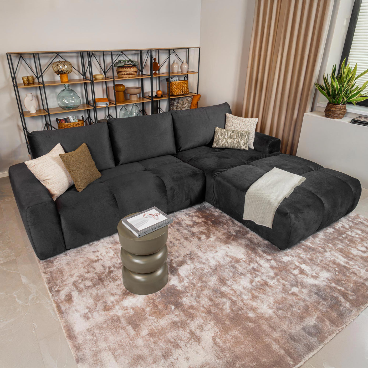 LYGIE Canapé d'angle convertible avec coffre en velours gris foncé - Angle droit - Canapé d'angle convertible - Mobilier Deco