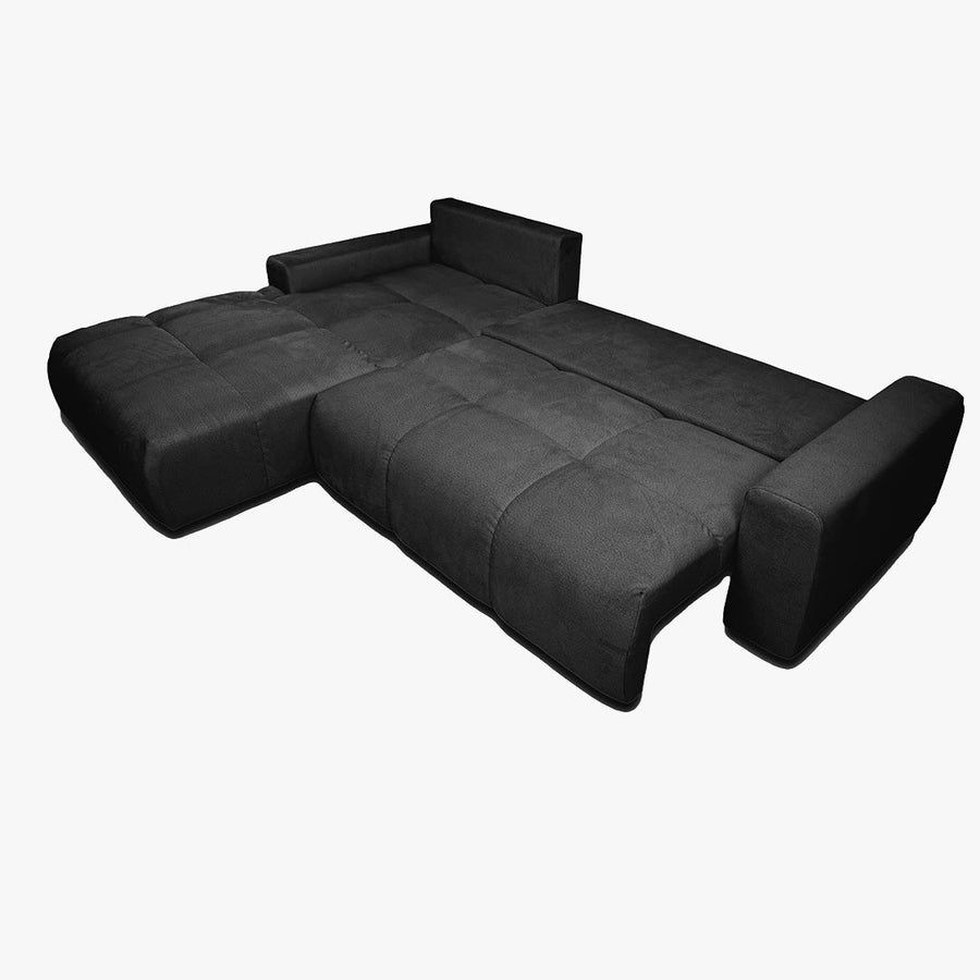 LYGIE Canapé d'angle convertible avec coffre en velours gris foncé - Angle gauche — aperçu vidéo